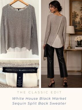 White House Black Market | Champagne Sequin Sweater | Split Back Chiffon Lining